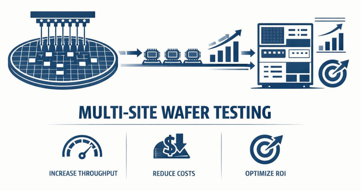 Conceptual overview of multi-site wafer testing and its impact on throughput and ATE utilization